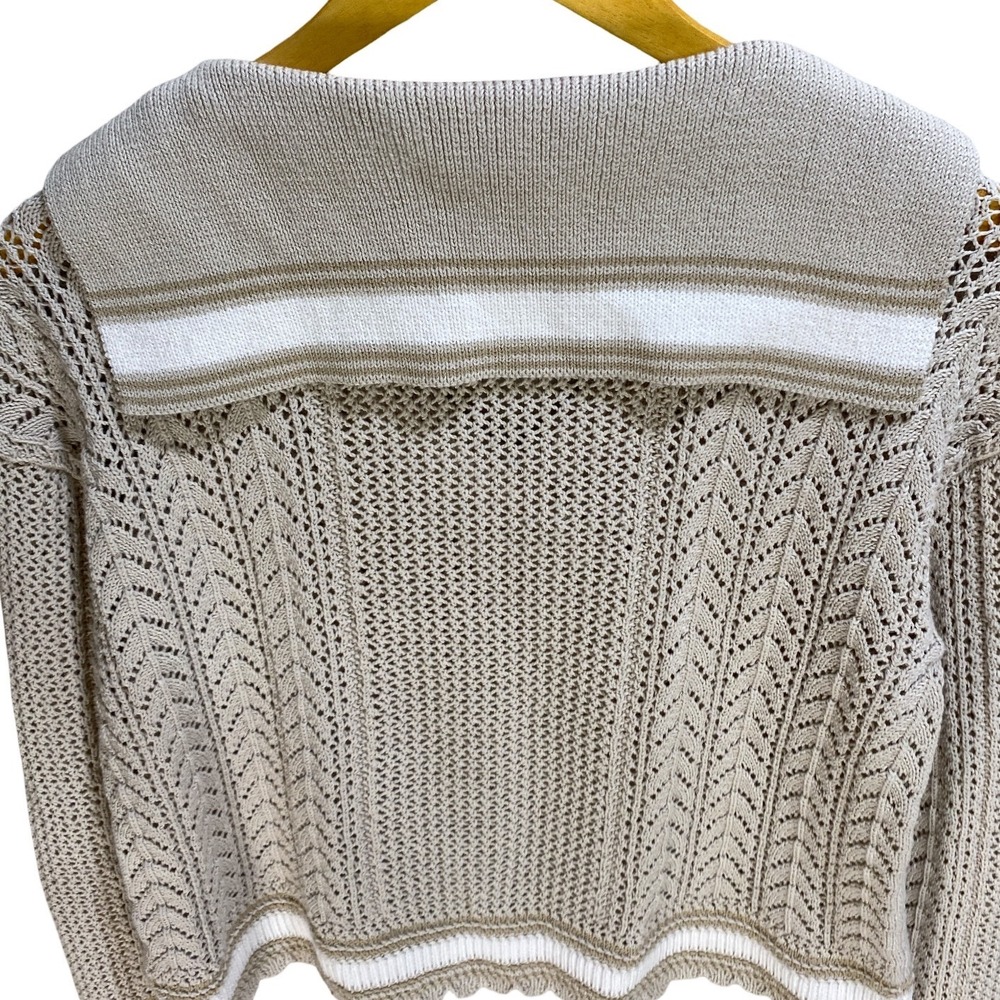 Talbots M Petite Beige Pointelle Sailor Collar Sweater Scalloped Hem‎ Neutral - Picture 10 of 10